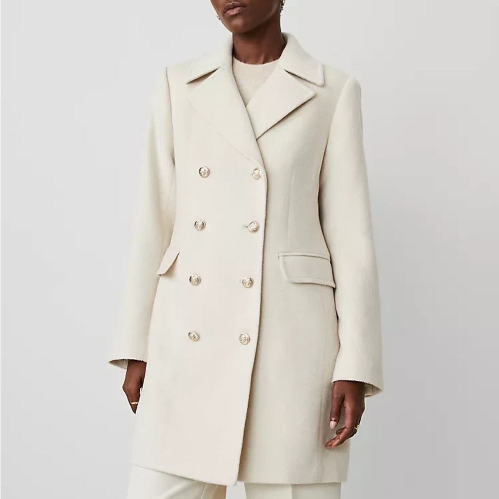 Ann Taylor Double-Breasted Notch Collar Coat In Sand Medium NEW